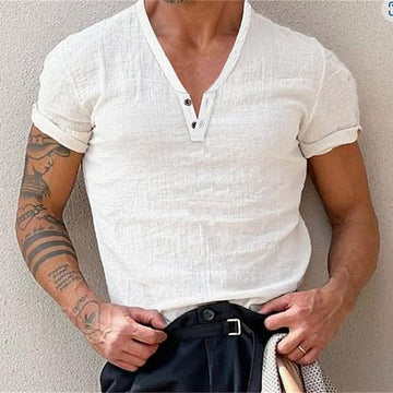Wiaofellas Cotton Casual t Shirts Mens Clothing Solid Short Sleeve Polos Shirts Summer Fashion Man Streetwear Button V-neck Tee Tops